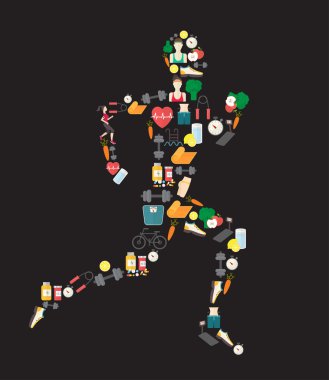 Running man silhouette filled with sport icons. Vector illustration on white background. clipart