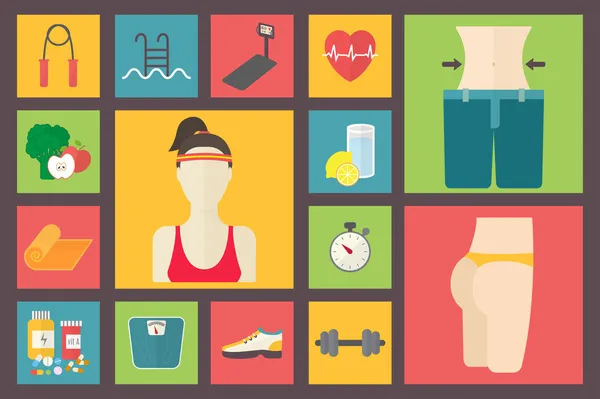 Fitness, spor ekipmanları, bakım şekil, diyet, kilo kaybı simgeler kümesi. Sağlık düz tasarım vektör çizim.