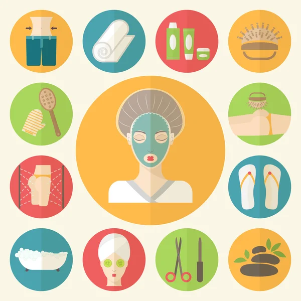 Mujer de belleza, salón de spa. Ilustración del cuidado facial, corporal y capilar. Procedimientos cosméticos. Conjunto de iconos vectoriales . — Vector de stock