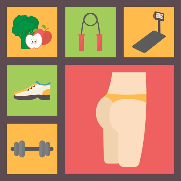 Fitness, équipement de sport, figure soignante, jeu d'icônes de régime. Nutrition, running trainer, chaussures, corde à sauter, haltères et fesses. Vecteur plat . — Image vectorielle