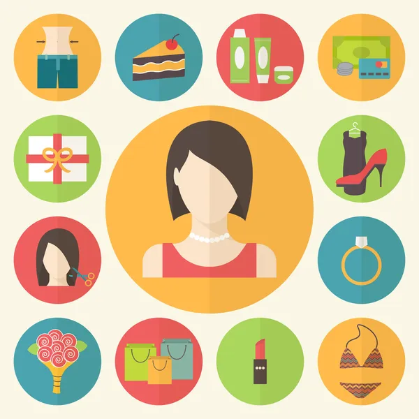 Conjunto de iconos de concepto de belleza de diseño plano. Las necesidades de la mujer, preferencias de compras y deseos. Ilustración vectorial . — Archivo Imágenes Vectoriales