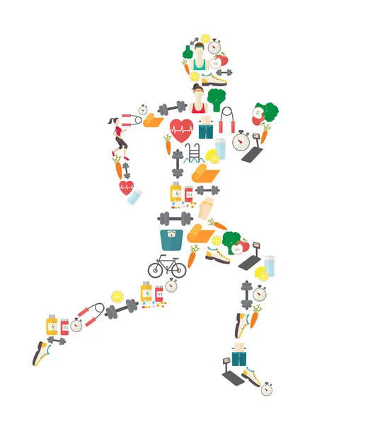 Hombre corriendo silueta llena de iconos deportivos. Ilustración vectorial sobre fondo blanco . — Archivo Imágenes Vectoriales