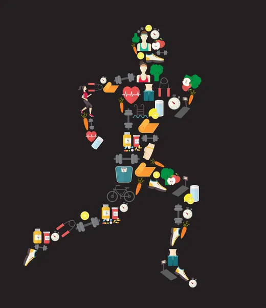 Силуэт бегущего человека заполнен спортивными иконами. Векторная иллюстрация на белом фоне . — стоковый вектор