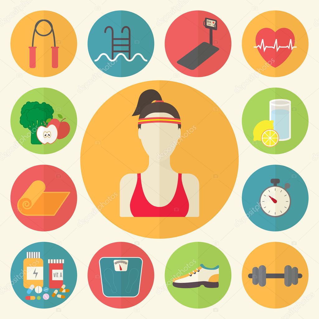 Fitness, sport equipment, caring figure, diet, weight loss icons set. Healthcare flat design vector illustration.