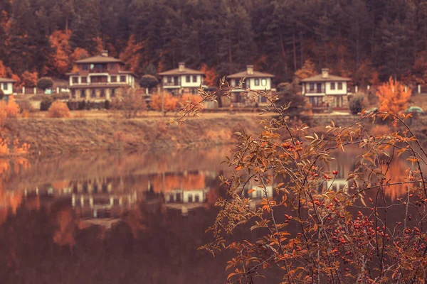 Autumn Landscape Lake Houses Orange Colors Rose Hip Bulgaria — Stock Photo, Image