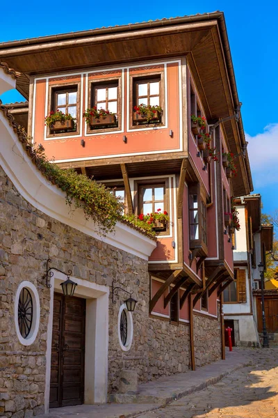 Plovdiv Bulgária Színes Középkori Házak Utca Óvárosban — Stock Fotó