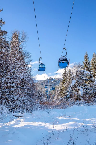 Bansko Bulgaria Winter Ski Resort Panorama Blue Gondola Lift Cabins — Stock Photo, Image