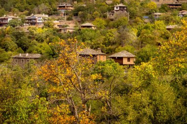 Leshten ve Rodop dağları, Bulgaristan eski geleneksel evlerle sonbahar hava manzarası