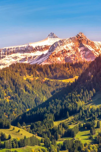 Fantastická Horská Krajina Švýcarských Alpách Barevné Skály Lesní Stromy — Stock fotografie