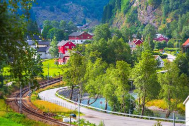 Norveç fiyordu Köyü manzara Flam, Norveç ve Myrdal demiryolu yakınındaki. Turizm Tatil ve arka plan seyahat