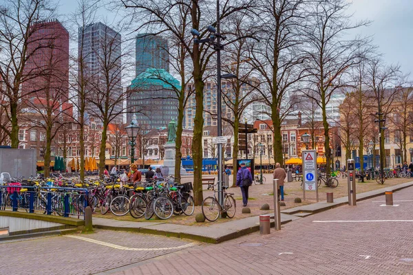 Hague Netherlands April 2016 Row Bikes Cafe Dutch Traditional Houses — Stock Photo, Image