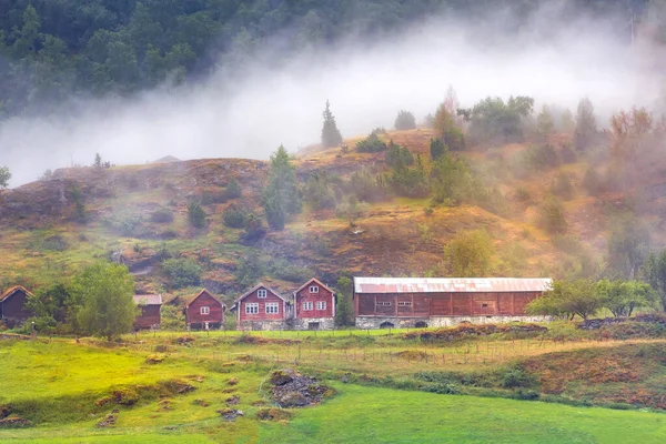 Norvegese vecchie case in legno e nebbia in estate, Norvegia — Foto Stock