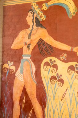 Knossos, Yunanistan - 27 Nisan 2019: Girit 'teki Knossos Sarayı' nda Fresco 'nun Ayrıntıları