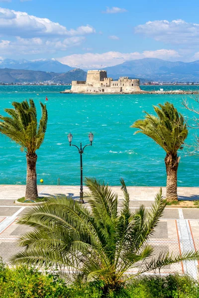 Promenade Palm Trees Bourtzi Fortress Sea Nafplio Nafplion Greece Peloponnese — Stock Photo, Image