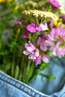 Kot pantolonun ön cebinde güzel narin çiçekler, yakın plan, yaz aşkı romantik konsepti.