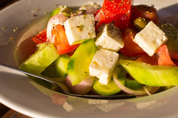 Close Greek Fresh Vegetable Salad White Feta Cheese Tomatoes Cucumbers — Stock Photo, Image