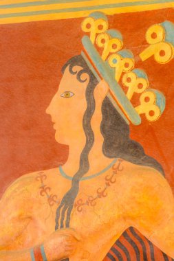 Knossos, Yunanistan - 27 Nisan 2019: Girit 'teki Knossos Sarayı' ndaki antik Fresco 'nun Detayları