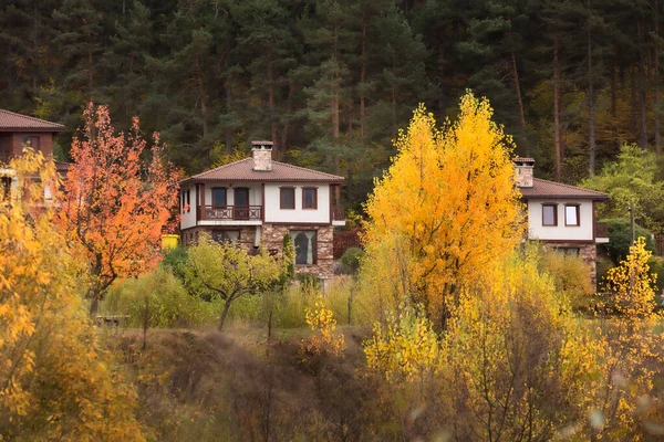 Autumn Landscape Traditional Bulgarian Houses Colorful Trees Bulgaria Rhodope Mountains — стоковое фото