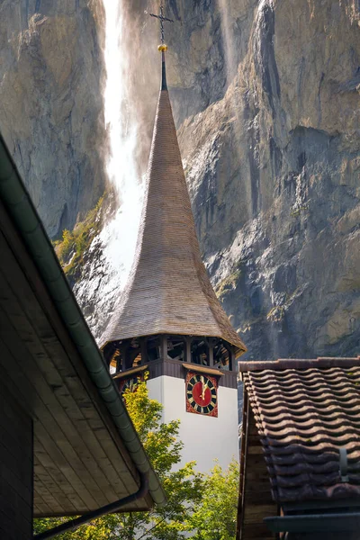 Church Staubbach Waterfall Lauterbrunnen Village Berner Oberland Switzerland Europe — Fotografia de Stock