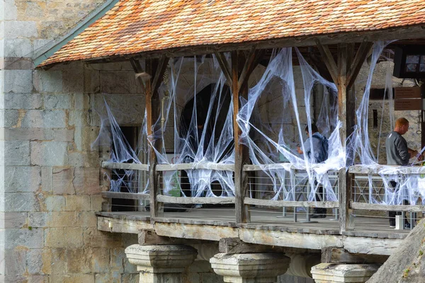 Montreux Switzerland October 2019 Spiderweb Halloween Decoration Old Building — Stock Photo, Image