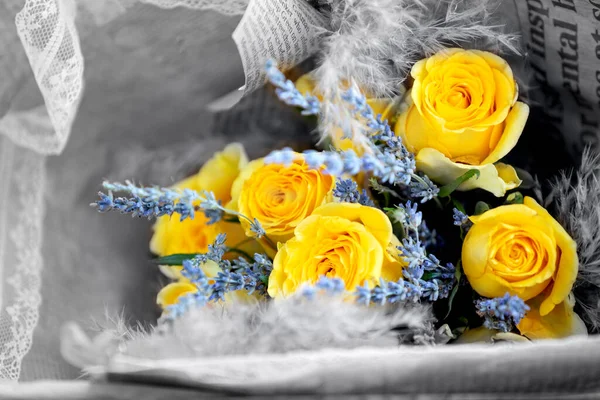 Still Life Yellow Roses Lavender Bouquet Flower Black White Color — Stock fotografie