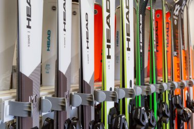 Bansko, Bulgaria - December 21, 2021: Ski equipment for sale and rent in the ski center