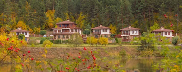 Paysage Automne Avec Lac Maisons Arbres Colorés Cynorrhodon Bulgarie — Photo