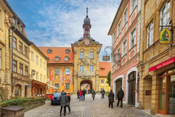 Bamberg Németország 2017 Február Városháza Altes Rathaus Két Híddal Regnitz — Stock Fotó