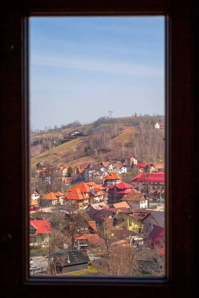 View from Bran Castle or Dracula Castle window to the village houses, Transylvania, Romania