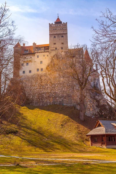 Piękny Widok Średniowieczny Zamek Dracula Bran Świetle Zachodu Słońca Transylwania — Zdjęcie stockowe