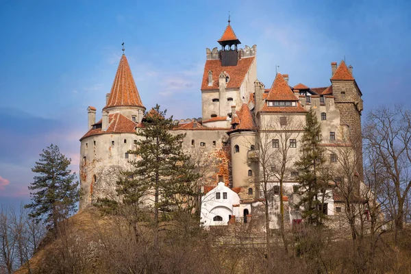 Hermosa Vista Panorámica Del Castillo Medieval Dracula Bran Atardecer Transilvania — Foto de Stock