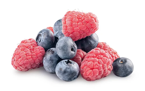 Heap Raspberries Blueberries Isolated White Background — Stock Photo, Image