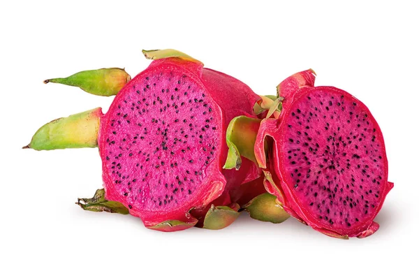 Dragon Fruit Δύο Μισά Ξεδιπλώνονται Απομονωμένα Λευκό Φόντο — Φωτογραφία Αρχείου