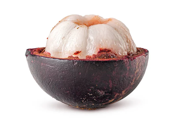 Ripe Geopende Mangosteen Vooraanzicht Gedraaid Geïsoleerd Witte Achtergrond — Stockfoto