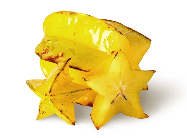 Due Fette Carambola Intera Isolate Fondo Bianco — Foto Stock