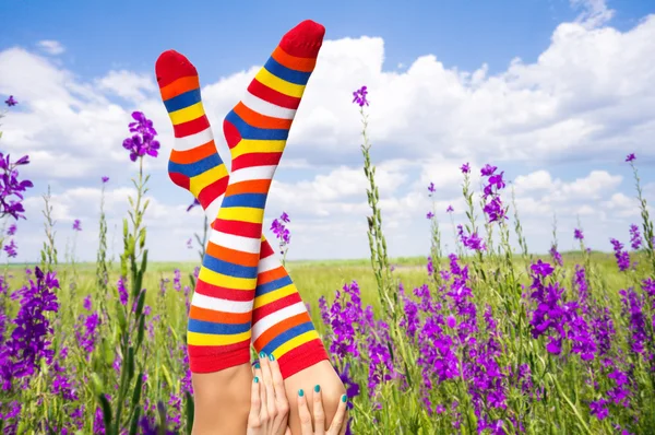 Funny woman leg in flower field and cloudy sky — Stock Photo, Image