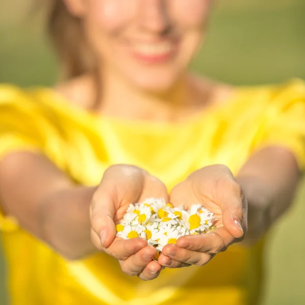 Woman with camomile flowers — Stock Photo, Image