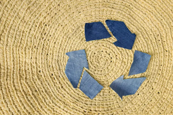 Recycle Symbol Made Denim Fabric Yellow Background — Stock Photo, Image