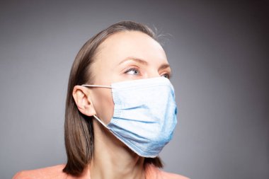 Yüzünde gri duvar arkaplanı olan tıbbi maskeli kadın doktor.