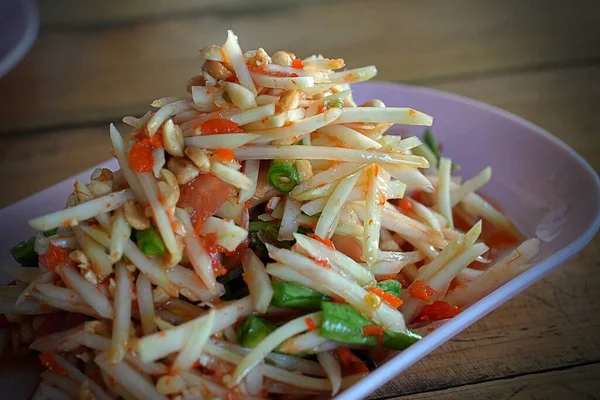 Geselecteerde Focus Papaya Salade Met Garnalen Beroemde Thaise Gerechten Thaise — Stockfoto
