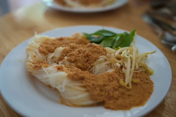 Rice Vermicelli Fish Curry Sauce Thai Food Set Close Full — Stockfoto