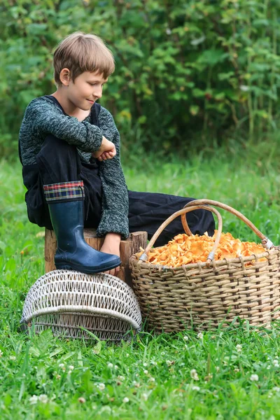 Pojken tittar på rotting korg full av kantareller — Stockfoto