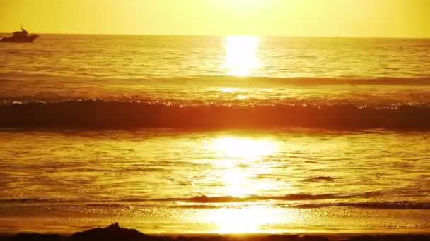 Goldener Strand bei Sonnenuntergang mit vorbeifahrendem Boot — Stockvideo