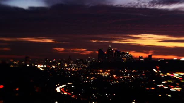 Downtown La Twilight Skyline — Stockvideo