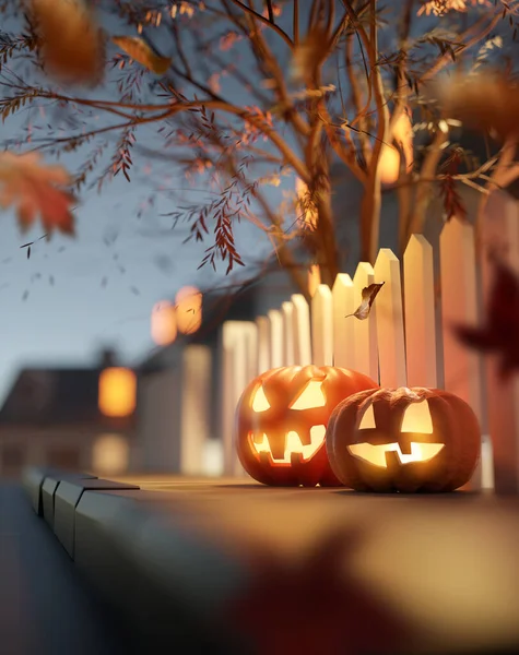 Glowing Jack Lantern Decoraciones Calabaza Halloween Atardecer Exterior Pavimento Calle — Foto de Stock