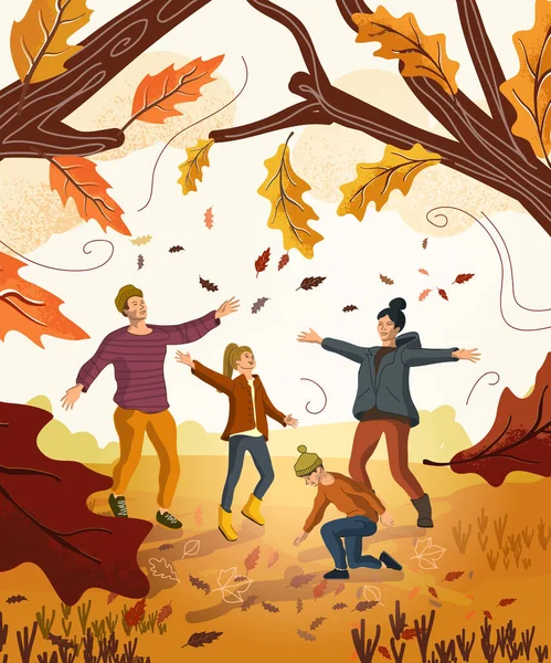 Сім Насолоджуючись Парком Восени Кидає Листя Повітря Впало Дерев Векторні — стоковий вектор