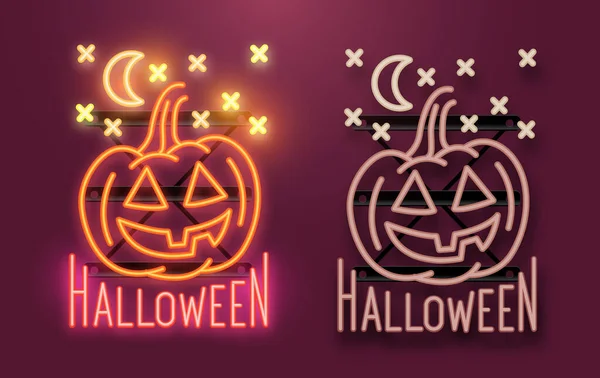 Luminoso Cartello Halloween Neon Con Una Zucca Sorridente Jack Lantern — Vettoriale Stock