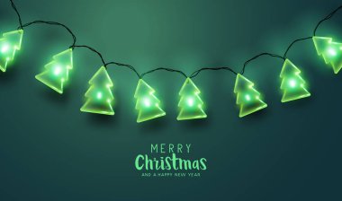 Gerçekçi yeşil noel ağacı peri ışığı süslemeleri. Vektör illüstrasyonu.