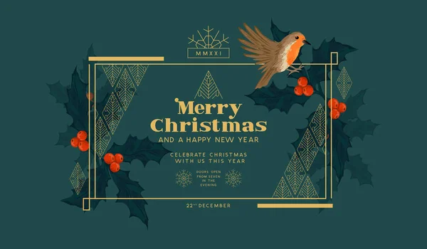 Diseño Clásico Disposición Del Marco Navidad Con Detalles Dorados Invitación — Vector de stock