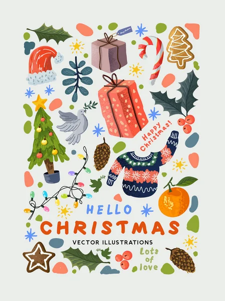 Invierno Temporada Navidad Hechos Mano Diseños Decoración Que Incluyen Plantas — Vector de stock